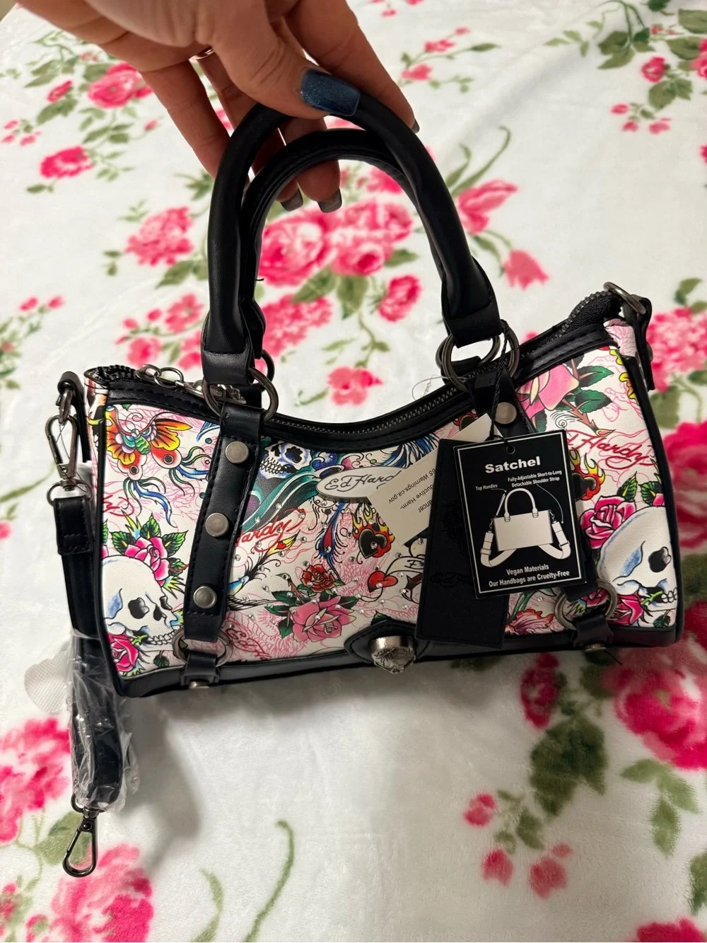 Ed Hardy Pink Floral & Skull Tattoo-Print Satchel with Black Trim